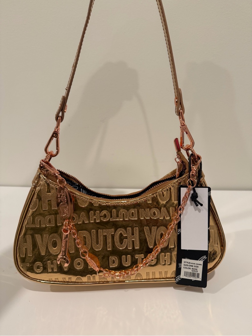 Gold Dutch Vinyl Shoulder Bag with Chain Accent